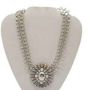 Silver Chain Statement Necklace Faux Pearl Like Teardrop Accents Erica Lyons